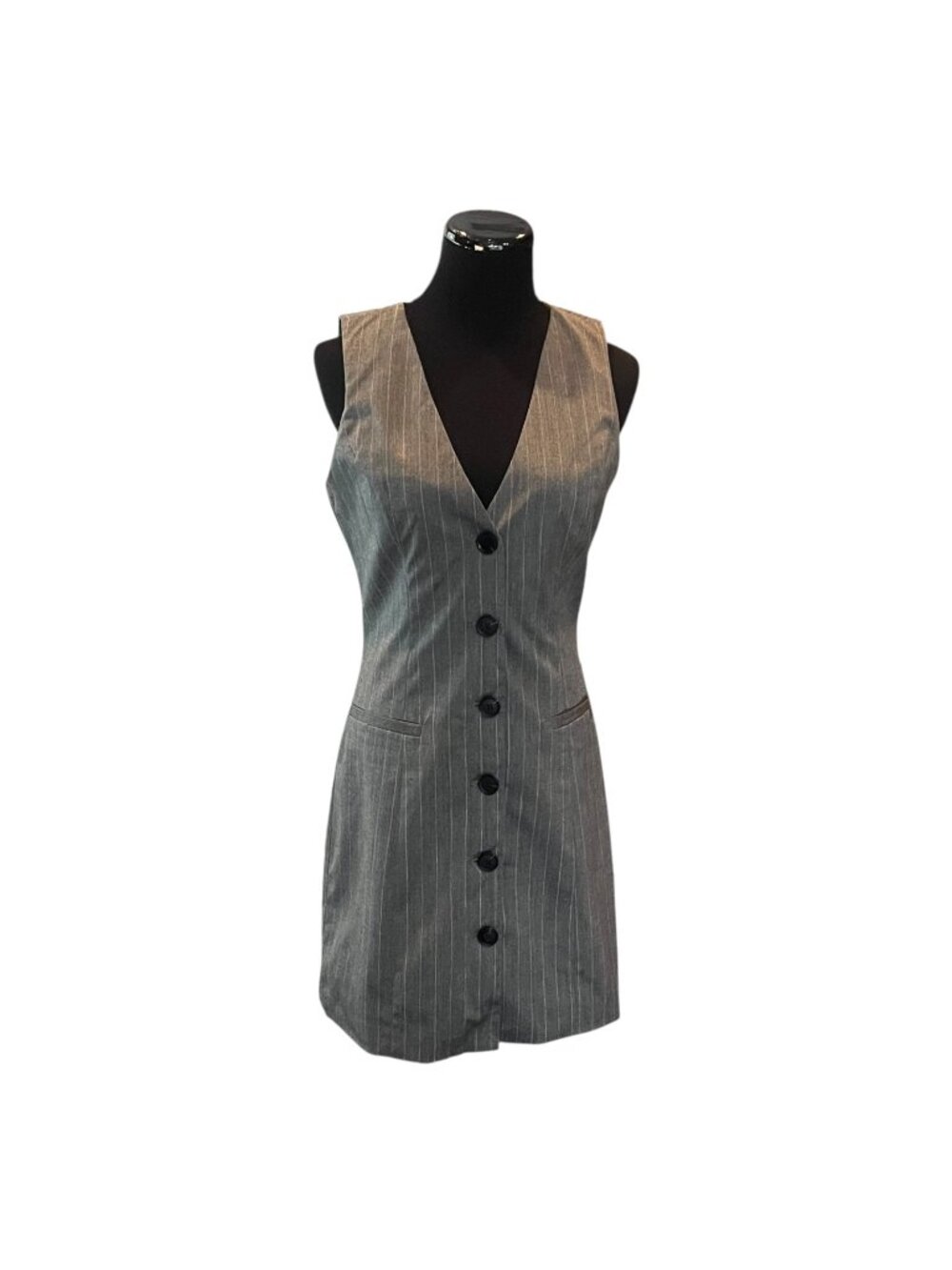 A New Day Button Down Front Dress~Grey Pinstripe Tailored V-Neck - Small - NEW - Picture 1 of 7